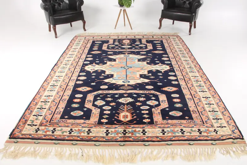 Alfombra vintage de 6,9x9,6 pies, alfombra turca grande, alfombra de lana de lunares azules - 1