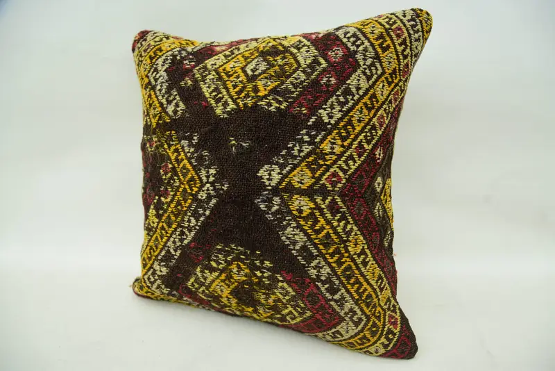 Pillow, Vintage Kilim Pillow, Kilim Pillow Cover, 16x16 Brown Cushion Case, Interior Designer Pillow, Bolster Throw Cushion Case - 3