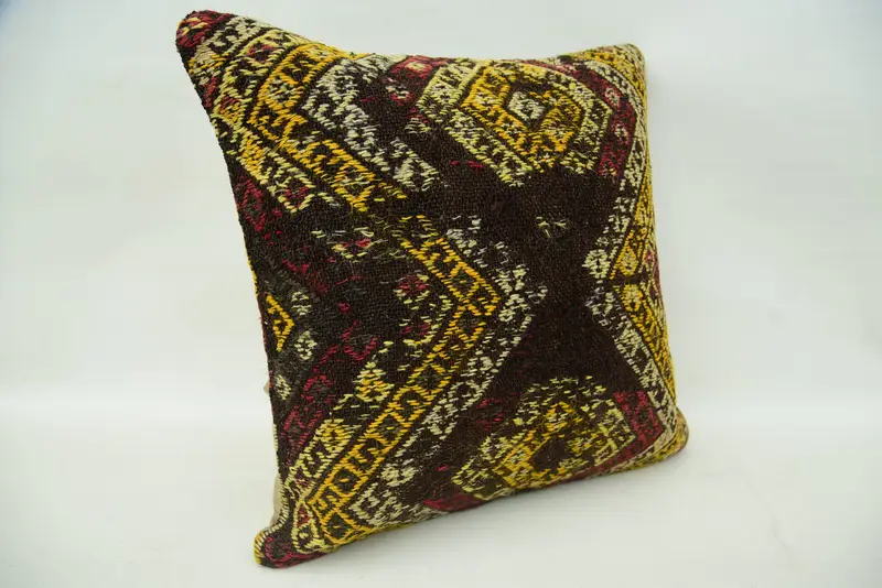 Pillow, Vintage Kilim Pillow, Kilim Pillow Cover, 16x16 Brown Cushion Case, Interior Designer Pillow, Bolster Throw Cushion Case - 2