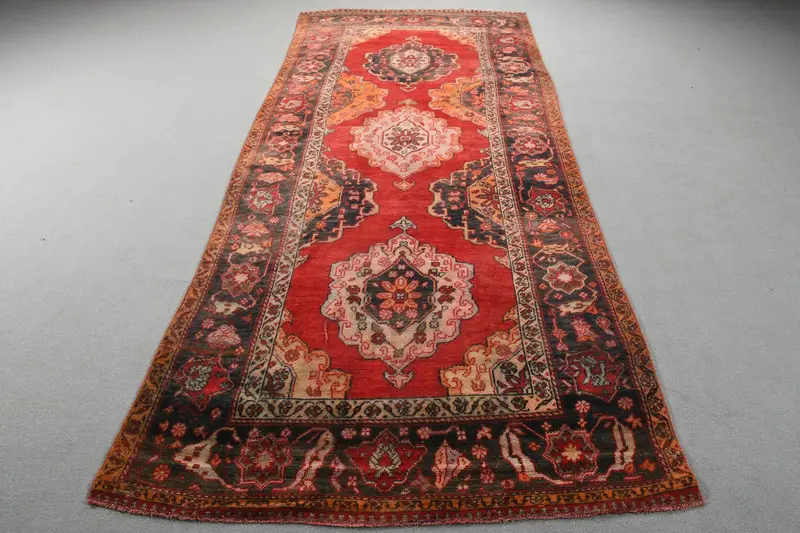Vintage Rug, Large 4.7x11.1 ft Turkish Rug, Red Striped Wool Rug - 1