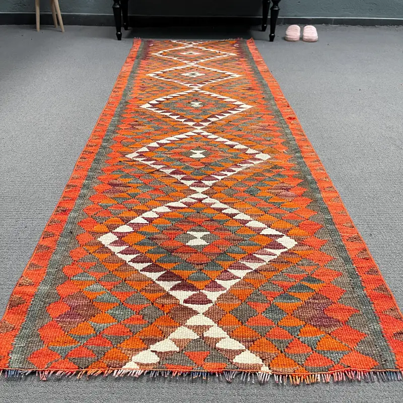 2.7x8.7 ft Rug, Runner Vintage Rug, Orange Kilim Check Rug - 1