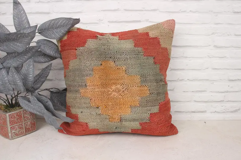 Cushion Case, Boho Pillow, Ethnical Kilim Rug Pillow, Throw Kilim Pillow, Decorative Bolster Cushion Case, 20x20 Orange Cushion - 1