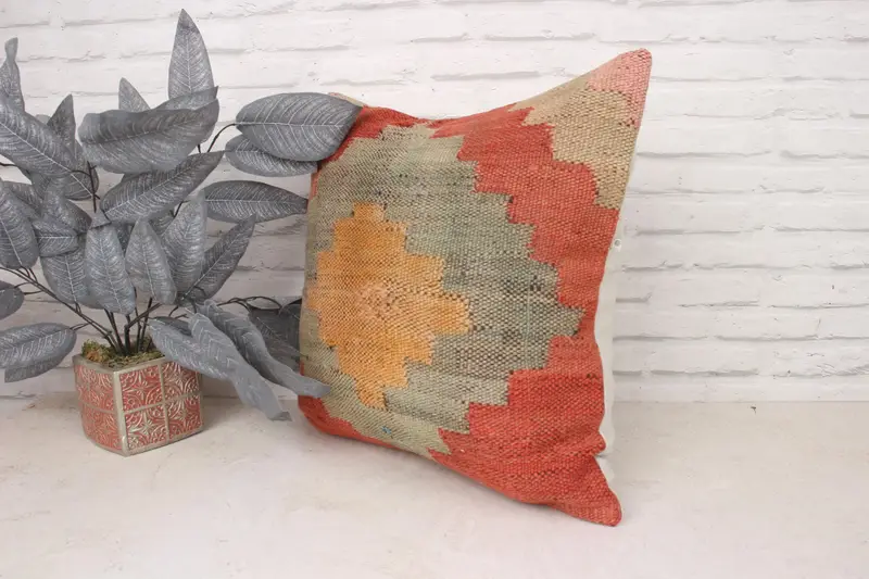 Cushion Case, Boho Pillow, Ethnical Kilim Rug Pillow, Throw Kilim Pillow, Decorative Bolster Cushion Case, 20x20 Orange Cushion - 4