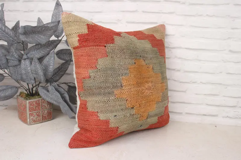 Cushion Case, Boho Pillow, Ethnical Kilim Rug Pillow, Throw Kilim Pillow, Decorative Bolster Cushion Case, 20x20 Orange Cushion - 3