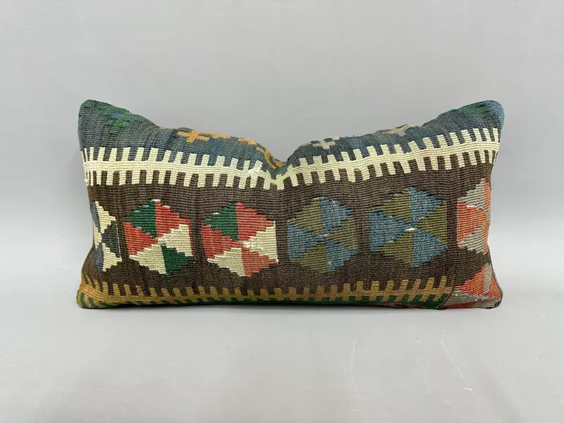 El Dokuma Türk Kilim Yastık, 12x24 İnç Dikdörtgen Kırlent