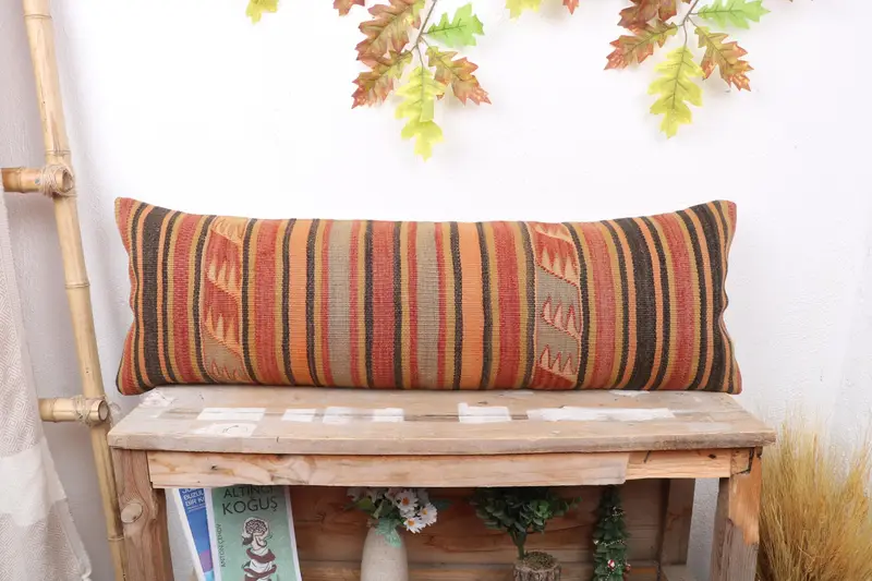 Throw Kilim Pillow, Cushion Cover, 12x36 Green Pillow Cover, Boho Pillow, Vintage Kilim Throw Pillow, Outdoor Bolster Cushion - 1