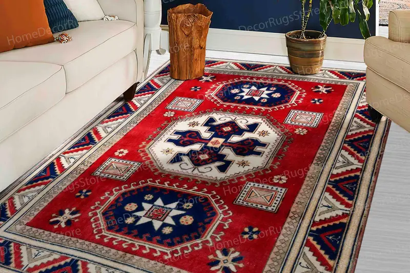 Eleganter, roter Navajo-Kelim-Teppich mit geometrischem Muster