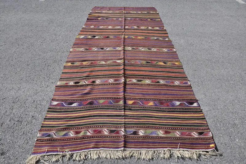 Vintage Turkish Rug, 4.9x11.7 ft Kilim Rug, Green Yellow Polka dot Wool Rug - 1