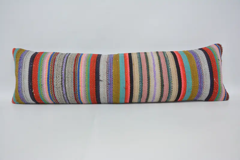 Blau & Rot gestreiftes Hanfkissen, Vintage besticktes Kissen