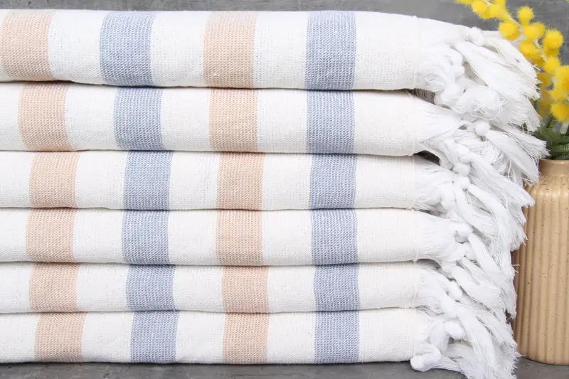 Organic Beach Towel Sax Blue-Mustard Stripes, Terry Cotton, 36x63 Inches