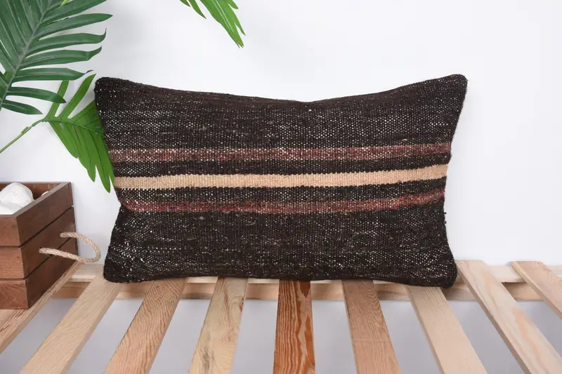 Sustainable Pillow Sham, Kilim Pillow, 12x20 Brown Cushion Cover, Vintage Kilim Pillow, Pillow for Sofa, Outdoor Bolster Pillow Sham, Pillow Sham - 1