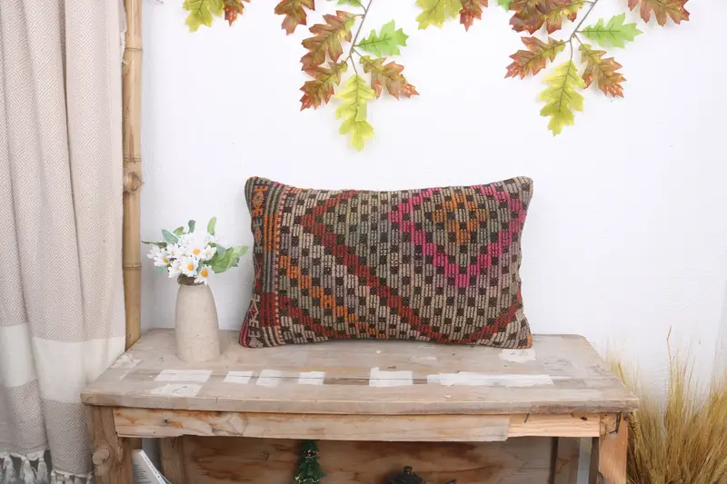 Pastel Pillow, Pillow Cover, Antique Pillows, Kilim Cushion Sham, Meditation Pillow Sham, Turkish Kilim Pillow, 12x20 Orange Cushion - 1