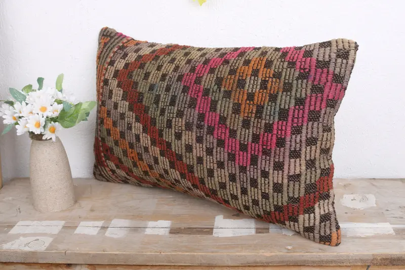 Pastel Pillow, Pillow Cover, Antique Pillows, Kilim Cushion Sham, Meditation Pillow Sham, Turkish Kilim Pillow, 12x20 Orange Cushion - 4