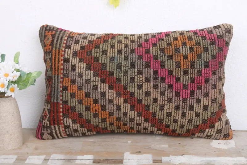 Pastel Pillow, Pillow Cover, Antique Pillows, Kilim Cushion Sham, Meditation Pillow Sham, Turkish Kilim Pillow, 12x20 Orange Cushion - 2