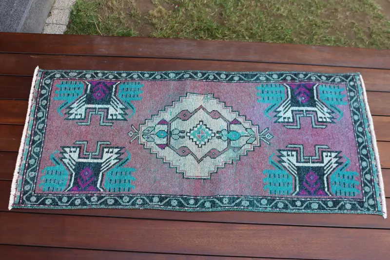 Vintage Small Rug, 1.5x3.4 ft Turkish Rug, Red Oushak Wool Rug - 1