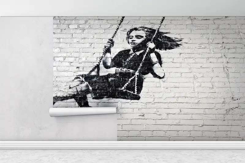 ペーパーウォールアート、3Dウォールペーパー、バンクシーガールスイング、ブライトウォールペーパー、バンクシーガールウォールアート、スイングガールウォールポスター、 - 10