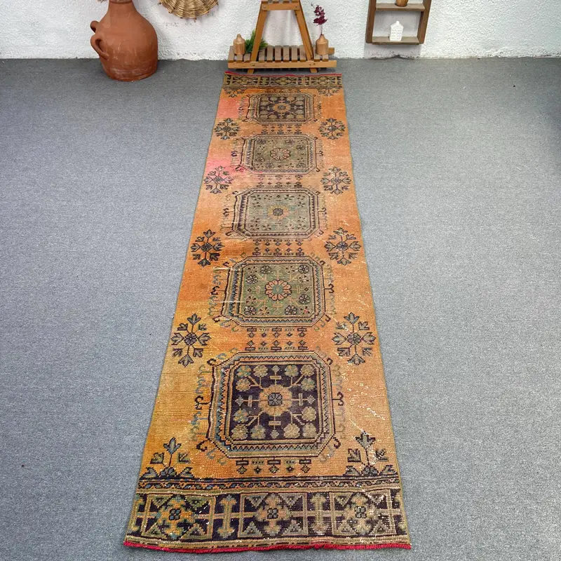 Sarı ve Yeşil Halı, 2,7x10,7 ft Botanik Tasarım