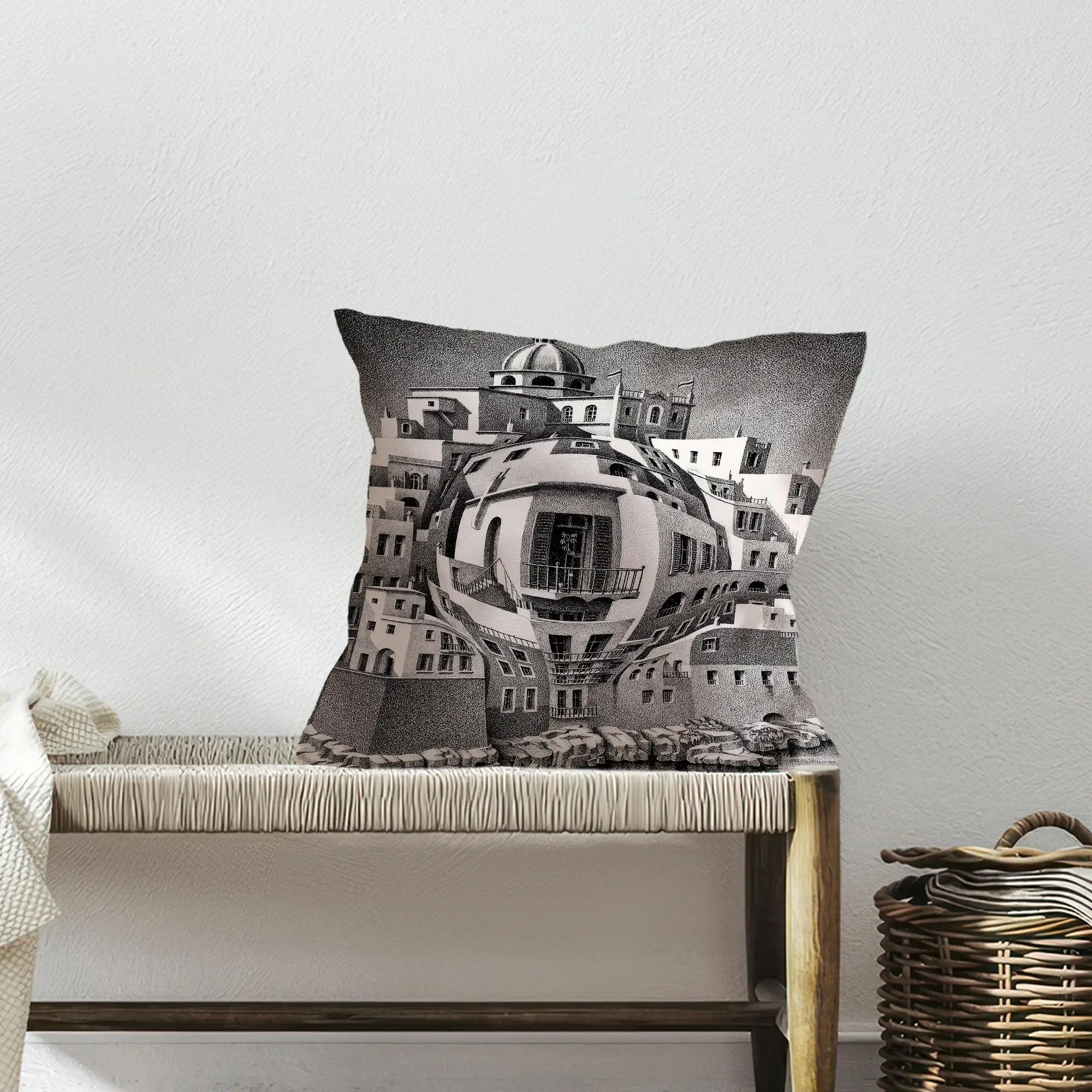 Complex Surreal Cityscape Printed Pillow: Modern Optical Illusion Design - 1