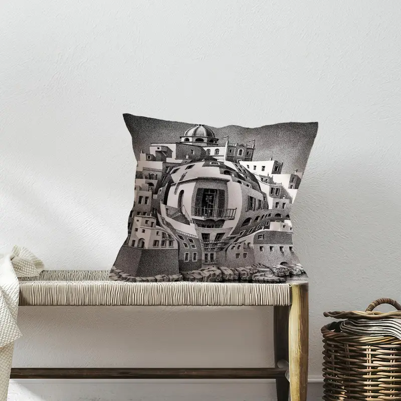 Complex Surreal Cityscape Printed Pillow: Modern Optical Illusion Design