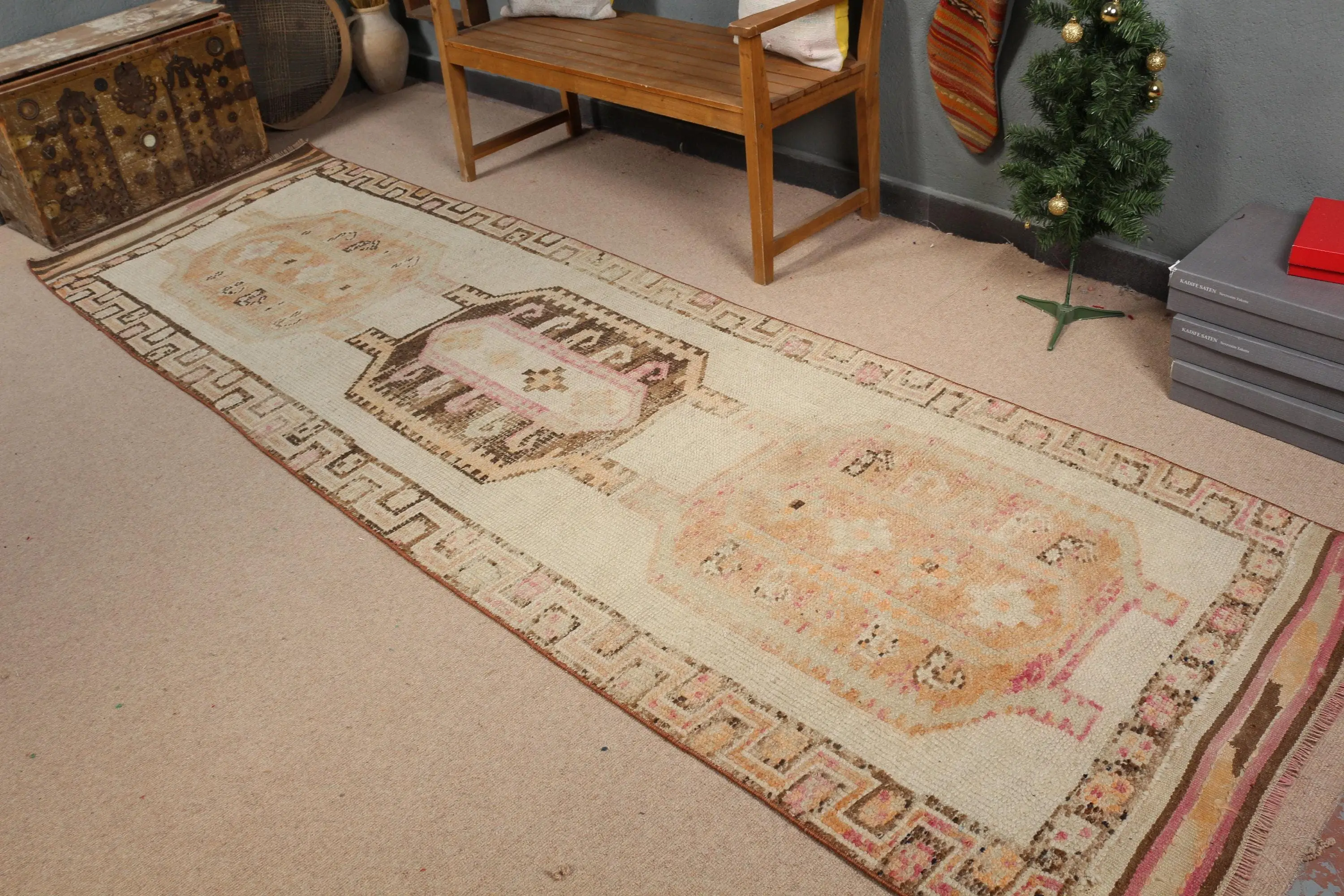 3.37x11.3 ft Vintage Turkish Rug, Runner Rug, Brown Herki Polka dot Rug - 1