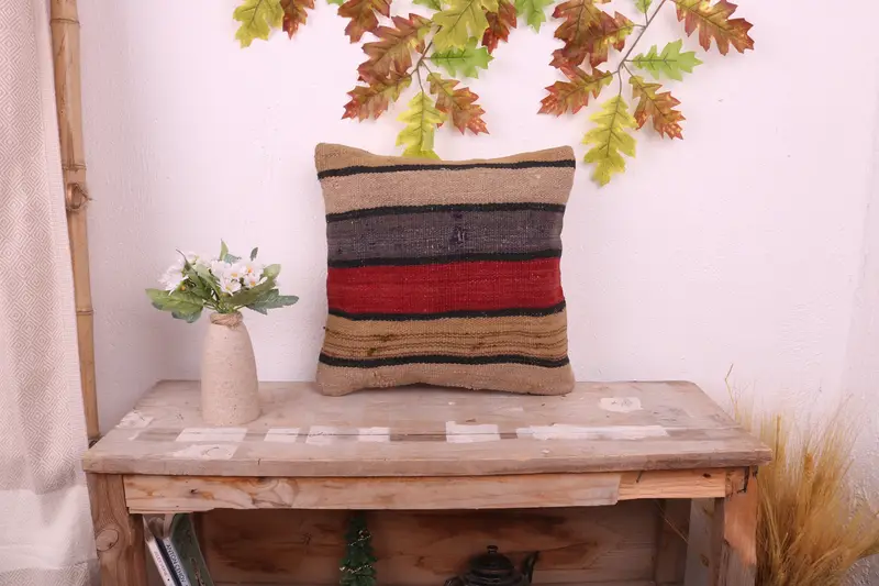Southwestern Pillow Sham, Ethnical Kilim Rug Pillow, 14x14 Red Cushion Cover, Kilim Pillow Cover, Home Decor Pillow, Pillow Cover - 1
