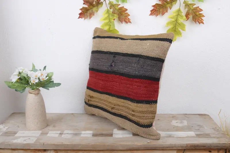 Southwestern Pillow Sham, Ethnical Kilim Rug Pillow, 14x14 Red Cushion Cover, Kilim Pillow Cover, Home Decor Pillow, Pillow Cover - 4