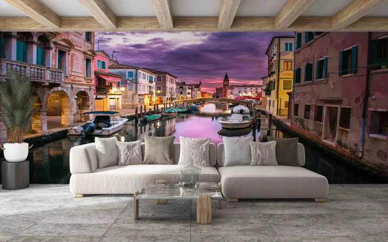 3D Wall Decor, View Wall Print, City Wall Art, Purple Cloud Wall Decals, Italy Grand Canal Landscape Wall Stickers, Wallpaper Border, - 7