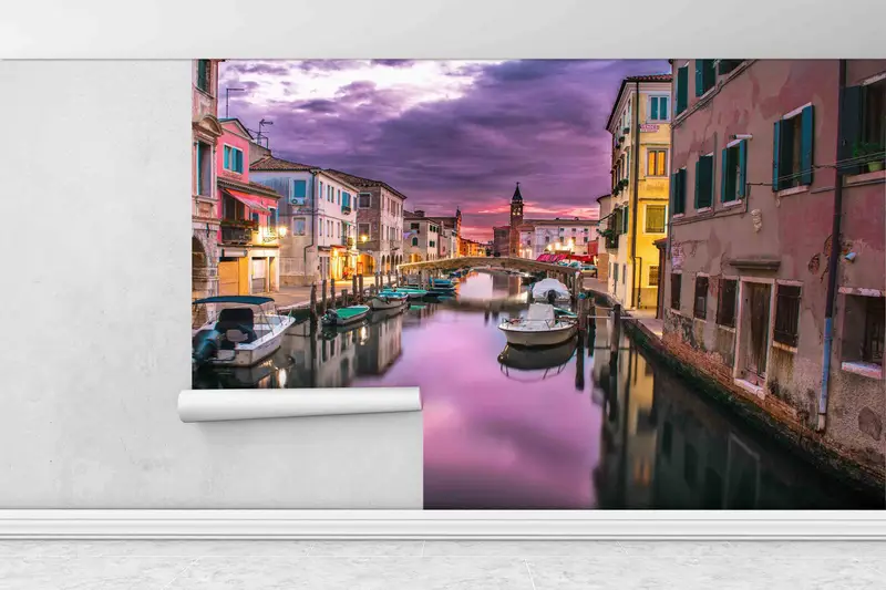 3D Wall Decor, View Wall Print, City Wall Art, Purple Cloud Wall Decals, Italy Grand Canal Landscape Wall Stickers, Wallpaper Border, - 1