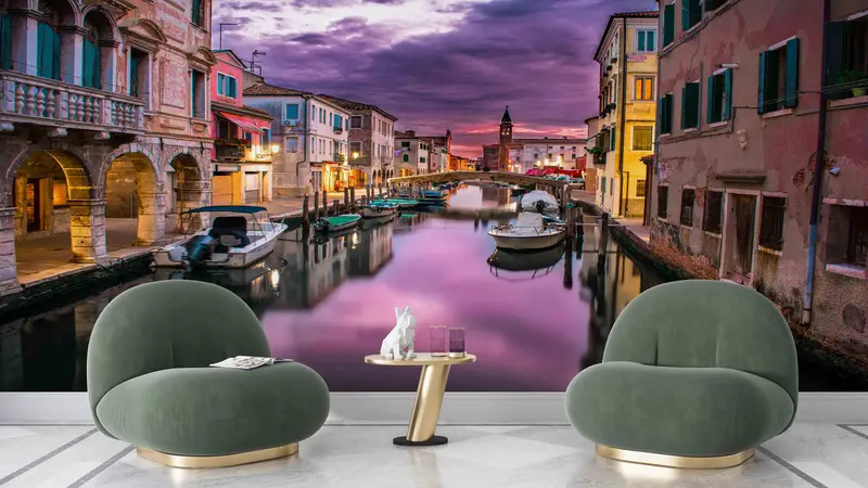 3D Wall Decor, View Wall Print, City Wall Art, Purple Cloud Wall Decals, Italy Grand Canal Landscape Wall Stickers, Wallpaper Border, - 2