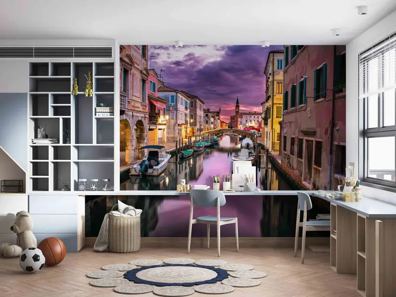 3D Wall Decor, View Wall Print, City Wall Art, Purple Cloud Wall Decals, Italy Grand Canal Landscape Wall Stickers, Wallpaper Border, - 3