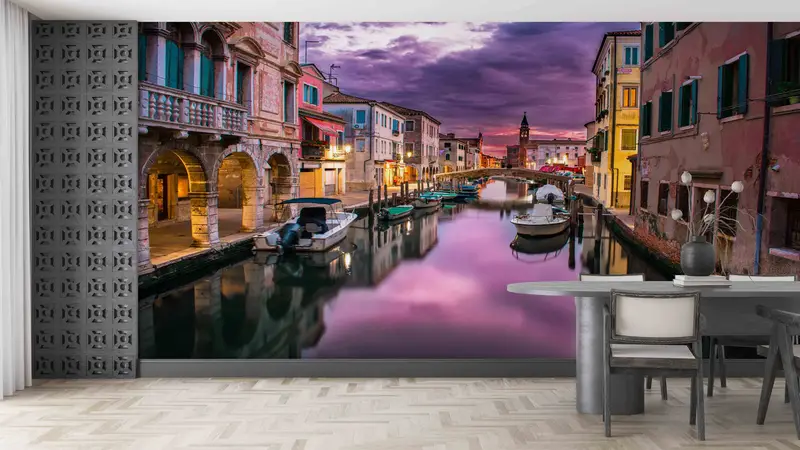 3D Wall Decor, View Wall Print, City Wall Art, Purple Cloud Wall Decals, Italy Grand Canal Landscape Wall Stickers, Wallpaper Border, - 4
