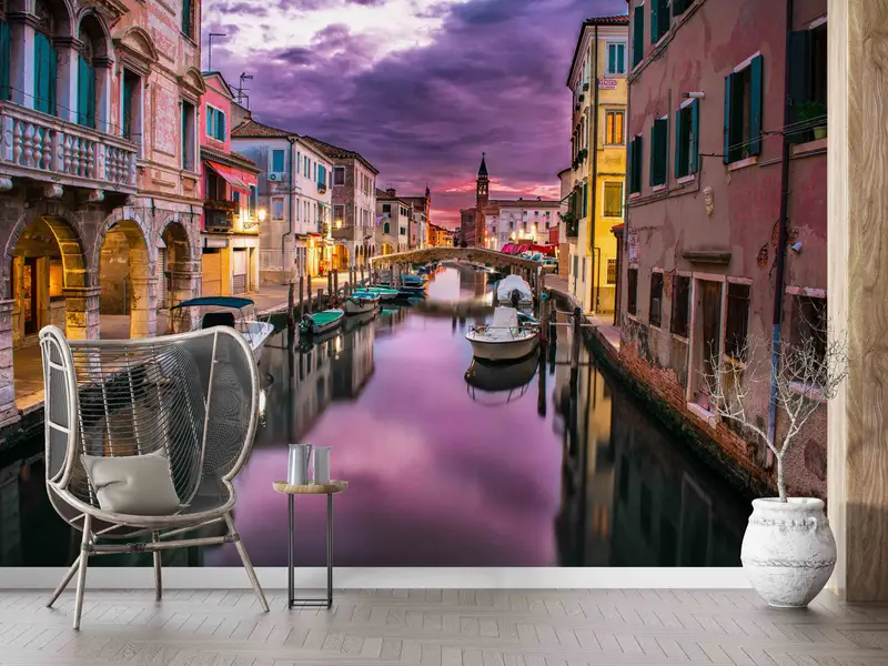 3D Wall Decor, View Wall Print, City Wall Art, Purple Cloud Wall Decals, Italy Grand Canal Landscape Wall Stickers, Wallpaper Border, - 5