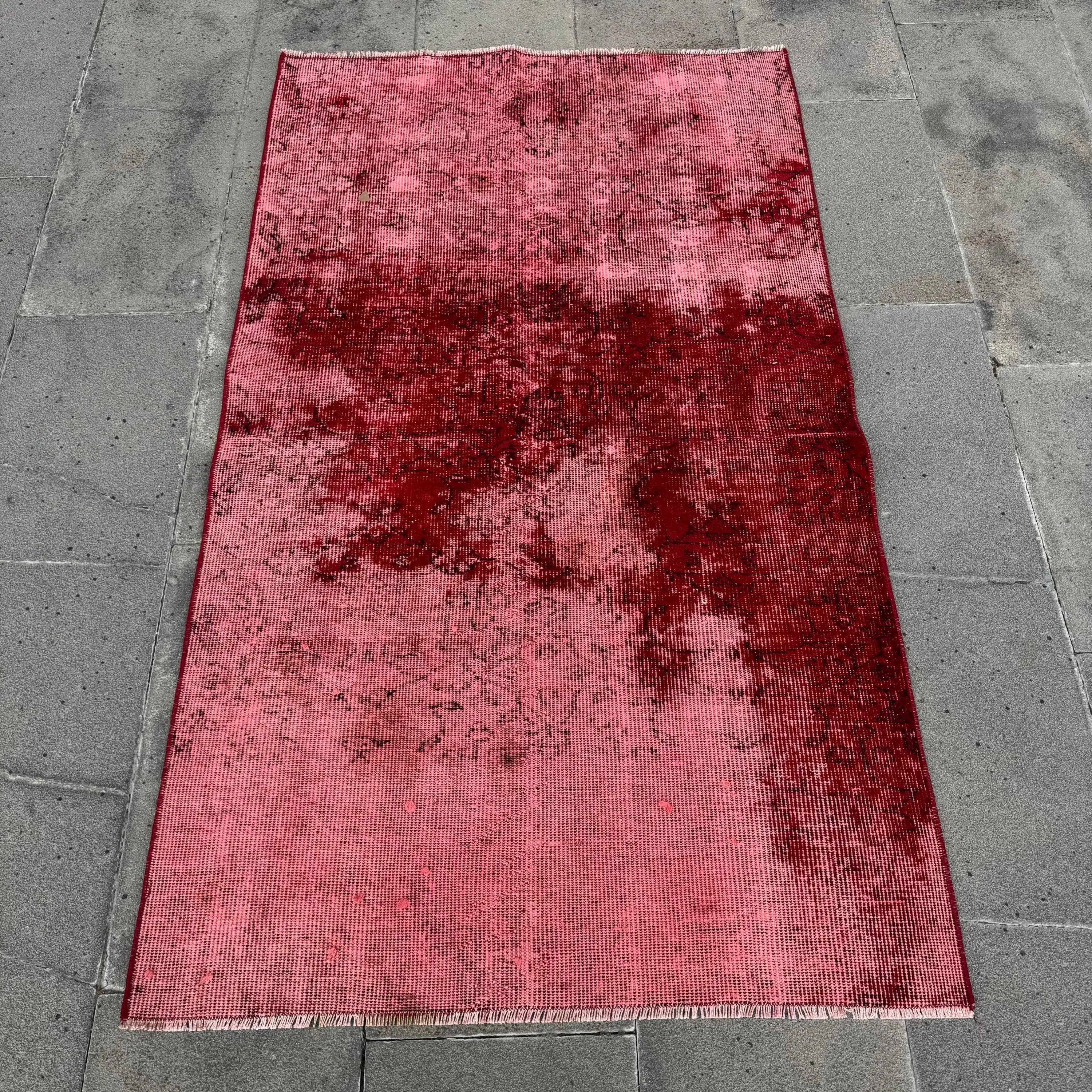 Vintage 3.1x5.3 ft Halı, Accent Türk Halısı, Kırmızı Pembe Bordürlü Yün Halı - 1