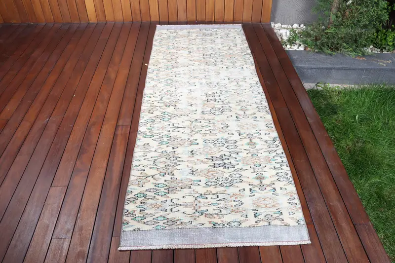 2.8x7.7 ft Vintage Rug, Turkish Runner Rug, White Blue Camouflage Rug - 1