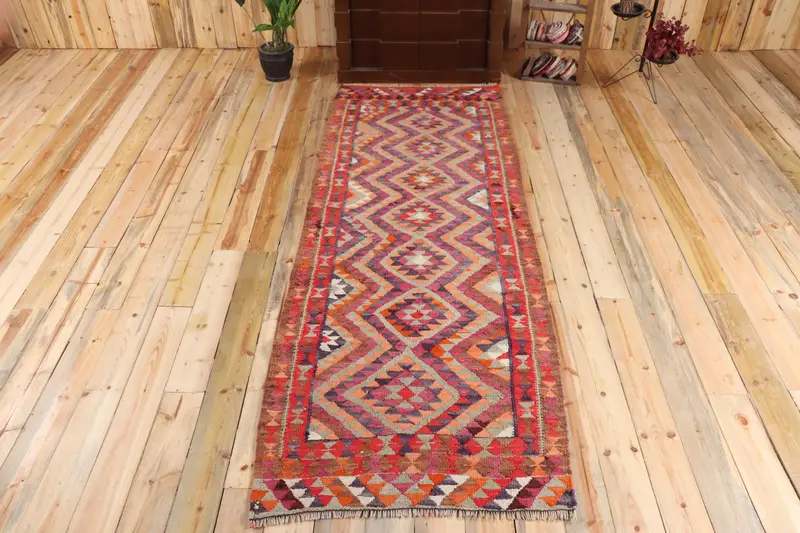 3.2x9.4 ft Halı, Türk Vintage Halısı, Kilim Kırmızı Çiçekli Halı - 1