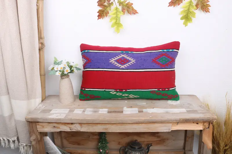 Comfy Throw Pillow, Pillow for Sofa, Pillow, Vintage Kilim Pillow, Aesthetic Pillow Sham, 12x20 Red Cushion Cover, Boho Pillow - 1
