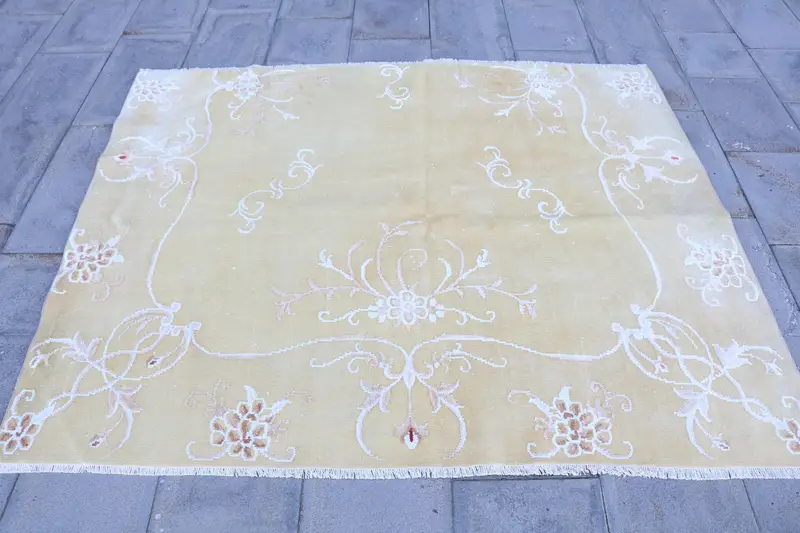 Alfombra turca de 6x5 pies, alfombra de lana a cuadros marrón blanco - 1
