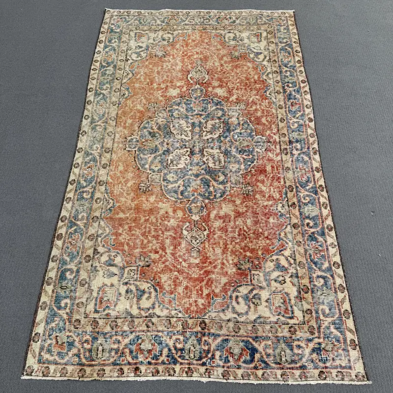 Vibrant Orange & Blue Rug, 3,2x6,6 ft Oriental Design