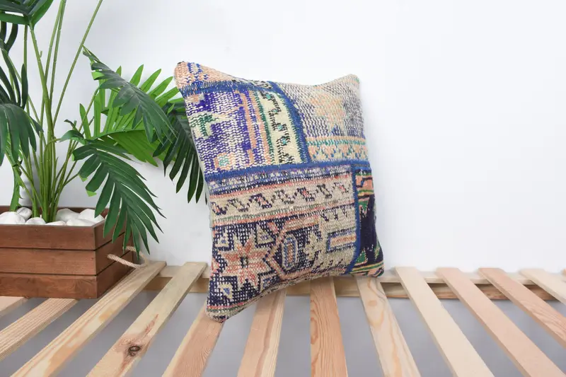 Home Decor Pillow, Muted Pillow Case, Vintage Kilim Pillow, Pillow Cover, 16x16 Blue Cushion Cover, Armchair Cushion Case, Interior Designer Pillow - 4