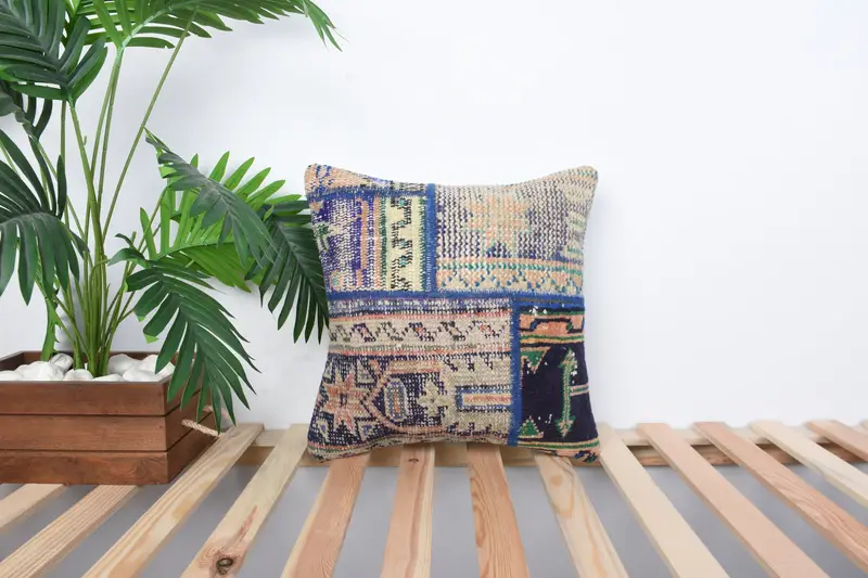 Home Decor Pillow, Muted Pillow Case, Vintage Kilim Pillow, Pillow Cover, 16x16 Blue Cushion Cover, Armchair Cushion Case, Interior Designer Pillow - 1