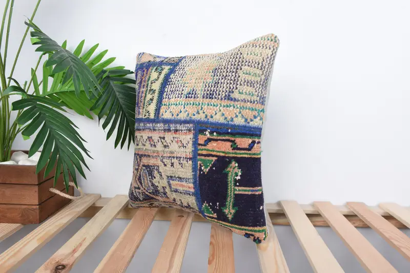 Home Decor Pillow, Muted Pillow Case, Vintage Kilim Pillow, Pillow Cover, 16x16 Blue Cushion Cover, Armchair Cushion Case, Interior Designer Pillow - 5