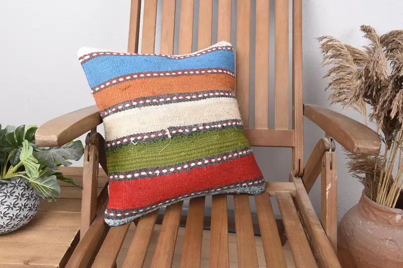 Turkish White Cushion Cover, Moroccan 6x6 inch Cushion Case, Home Refresh Striped Pillow - 1