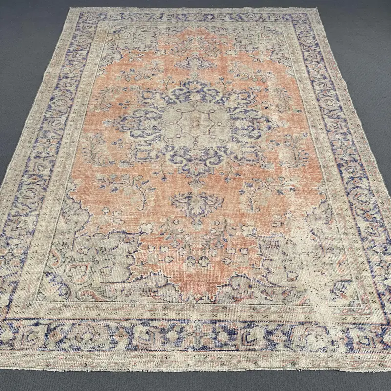 Alfombra turca de 7,7x10,4 pies (235x316 cm), alfombra vintage con estampado animal azul Oushak - 1