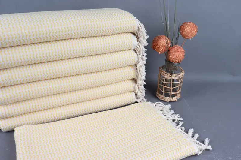 Turkish Beach Towel Yellow Chevron Peshtemal, Organic Cotton, 40x71 Inches