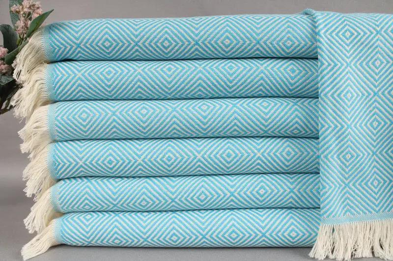 Monogram Kitchen Towel, Cotton, Turquoise with Beige, 20x28 Inches