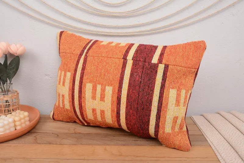 Orange & Red Geometric Embroidered Pillow, 16x24 Inches Size - 4