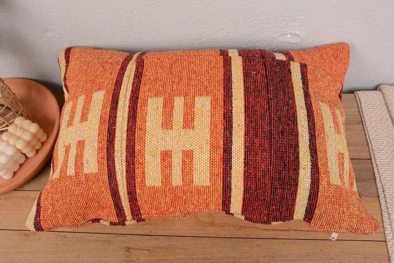 Orange & Red Geometric Embroidered Pillow, 16x24 Inches Size - 6