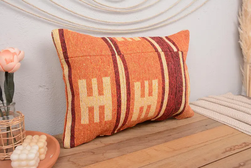 Orange & Red Geometric Embroidered Pillow, 16x24 Inches Size - 1