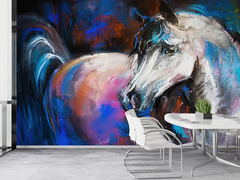 Elegante abstrakte Öltapete mit weißem Pferd – bedrucktes Dekor