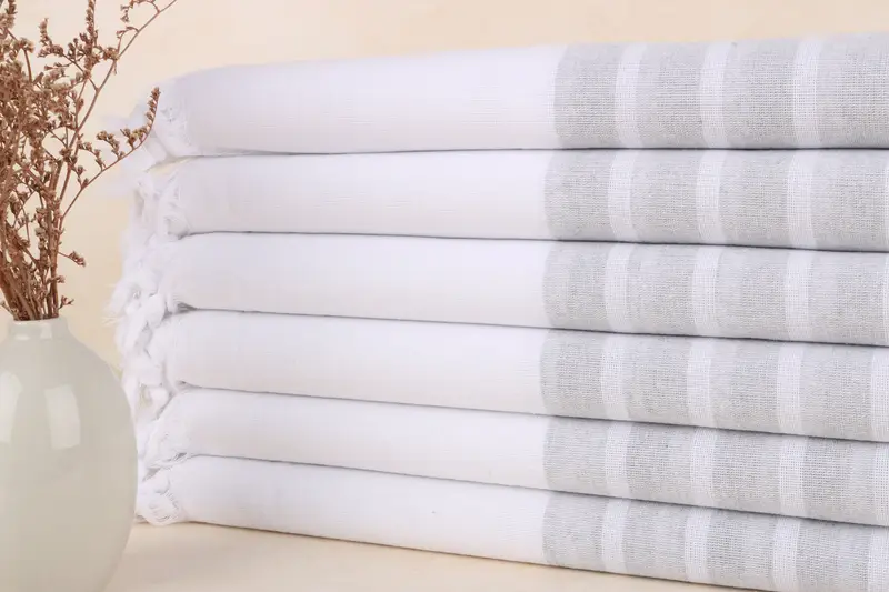 トルコビーチタオル ライトグレーストライプ、40x71インチ、オーガニックコットン